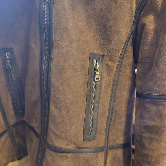 Tan and Brown Leather Hooded Bomber With Real Fur Lined Hood, L - Picture 4 of 10